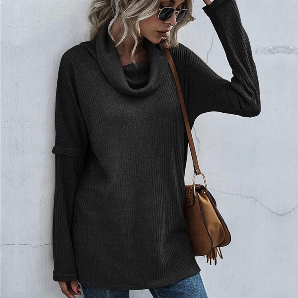 Waffle knit turtleneck sweater side split gray - Picture 5 of 6
